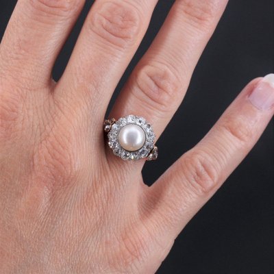Antiker Gänseblümchenring mit feiner Perle und Diamant