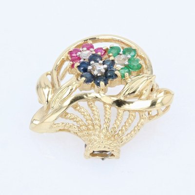 Broche Bouquet Or Jaune Saphirs Rubis émeraudes