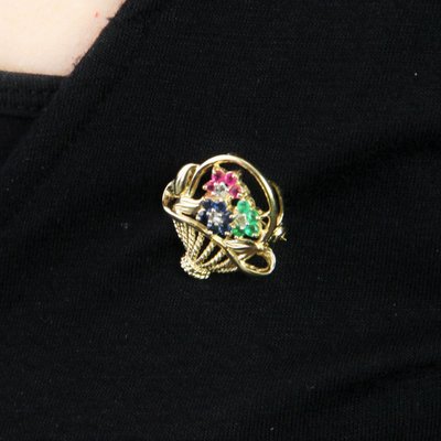 Broche Bouquet Or Jaune Saphirs Rubis émeraudes
