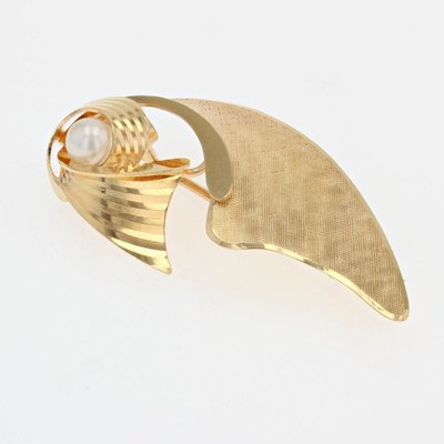 Spilla vintage a fiocco in oro spazzolato e perle