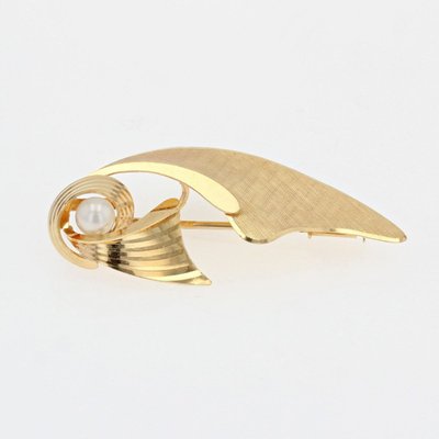 Spilla vintage a fiocco in oro spazzolato e perle