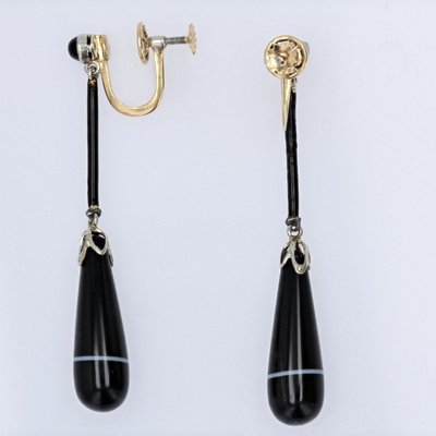 Pendants d'Oreilles Agates Rubannées Onyx émail Et Or