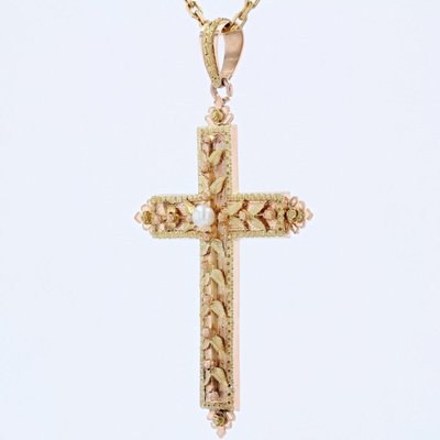 Croix Ancienne Perle Ors Vert Et Rose