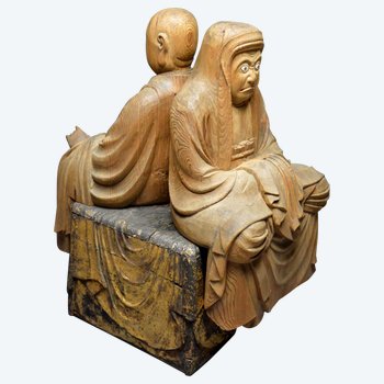 Japon - Période Edo (1616 - 1868) / Grand groupe en bois représentant Bodhidharma et un Arhat