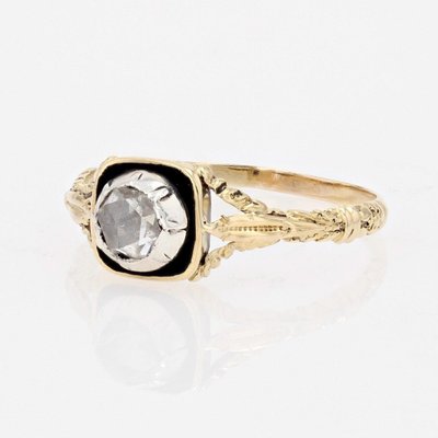 Antiker Diamant-Solitär mit schwarzem Emaille und Gold