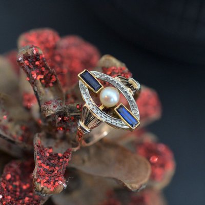 Art Deco Perlen-Saphir-Ring 2 Gold