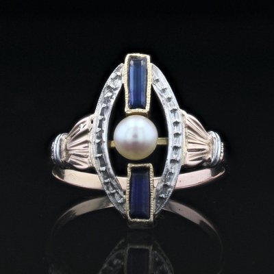 Art Deco Perlen-Saphir-Ring 2 Gold
