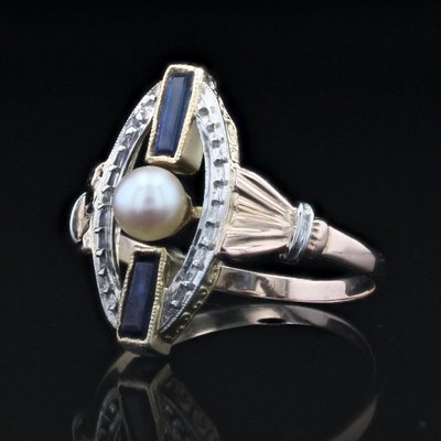 Art Deco Perlen-Saphir-Ring 2 Gold