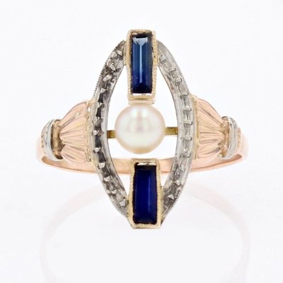 Art Deco Perlen-Saphir-Ring 2 Gold