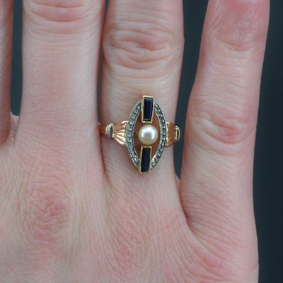 Art Deco Perlen-Saphir-Ring 2 Gold