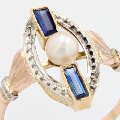 Art Deco Perlen-Saphir-Ring 2 Gold