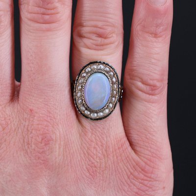Bague Ancienne Opale Perles Fines émail