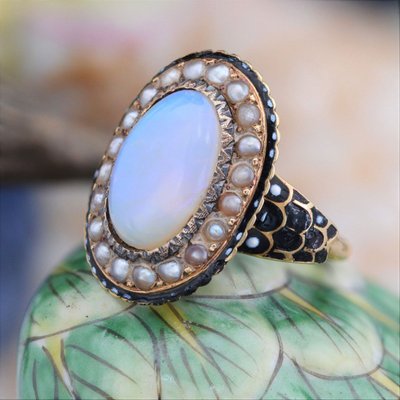 Bague Ancienne Opale Perles Fines émail