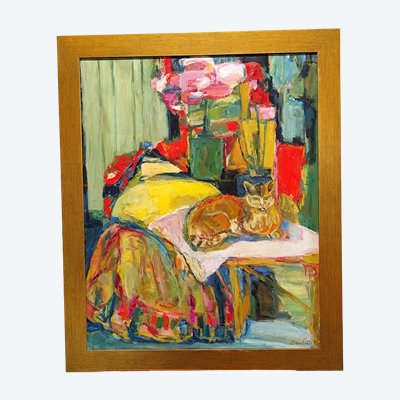 Huguette BAUDROT XX. Gatto Olio. 81 x 66 cm