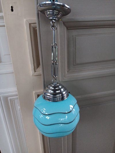 Bahaus blue and silver glass globe pendant light