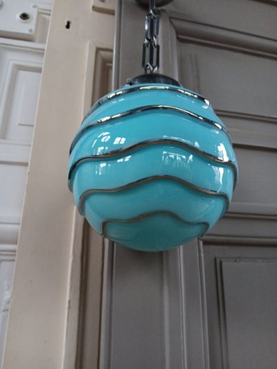 Bahaus blue and silver glass globe pendant light