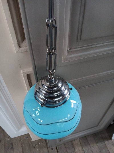 Bahaus blue and silver glass globe pendant light