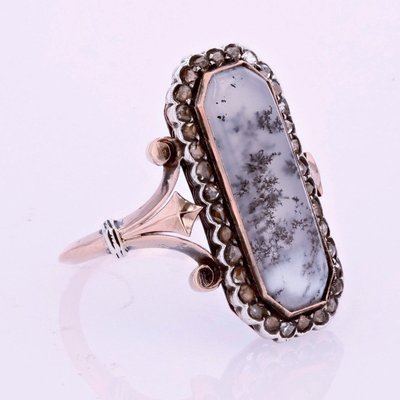 Bague Ancienne Agate à Dentrite Et Diamants