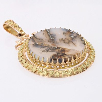 Pendentif Ancien Agate Dendritique Et Or
