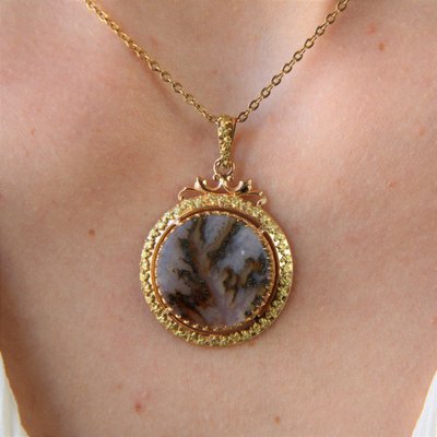 Pendentif Ancien Agate Dendritique Et Or