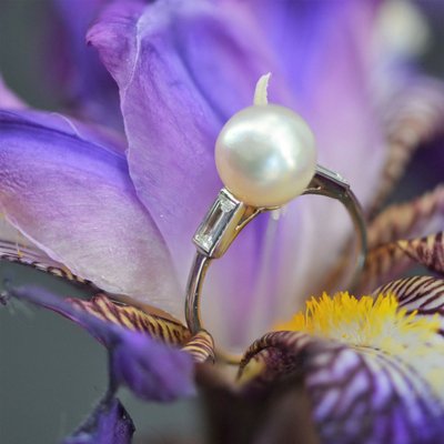 Art-Deco-Ring mit feiner Perle und Baguette-Diamant