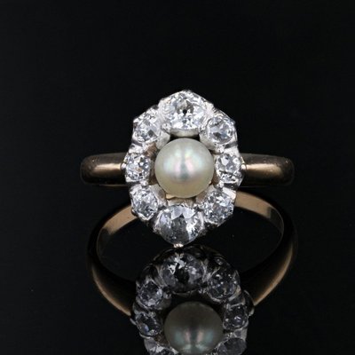 Bague Marquise Perle Fine Diamants Ancienne