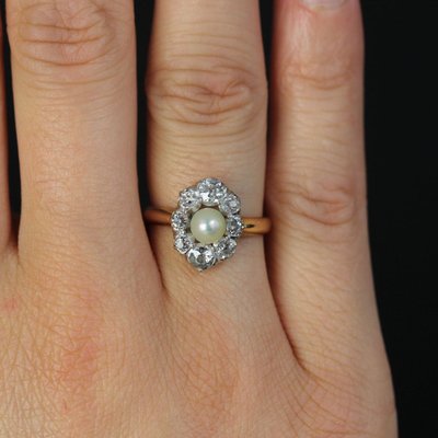 Bague Marquise Perle Fine Diamants Ancienne