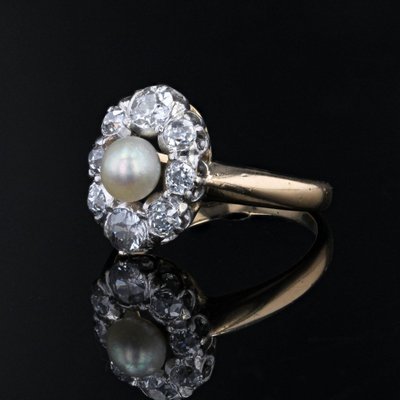 Bague Marquise Perle Fine Diamants Ancienne