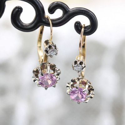 Boucles d'Oreilles Saphirs Roses Diamants Dormeuses