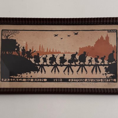 Farblithografie von Hansi, Rheinüberquerung, 1918