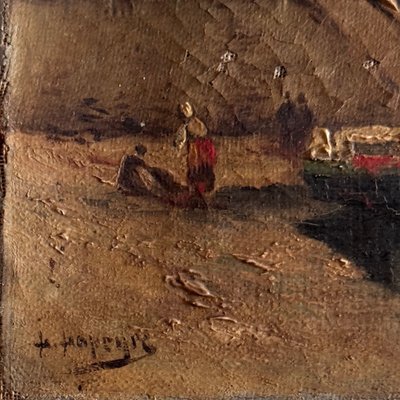Oil on canvas depicting a boat at dock in the late 19th century by H. Hapeyre