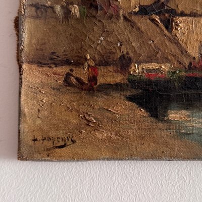 Oil on canvas depicting a boat at dock in the late 19th century by H. Hapeyre