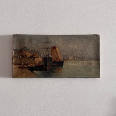 Oil on canvas depicting a boat at dock in the late 19th century by H. Hapeyre