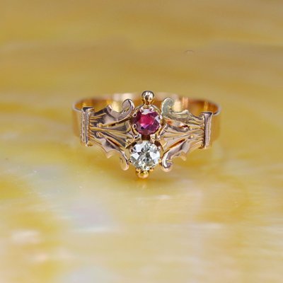 Bague Ancienne Or Rose Diamant Rubis