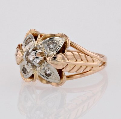 Anello vintage con piuma e trifoglio in oro rosa