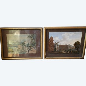 Pair of engravings enhanced with gouache - Landscape - Late 19th century