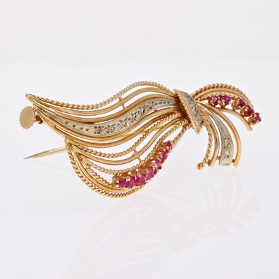 Broche Ancienne En Or Ajourée Diamants Et Rubis