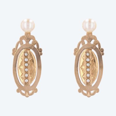 Boucles d'Oreilles Anciennes Perles Et Ses Pendants Or Rose Perles Fines