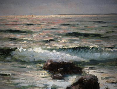 Peinture à l'huile sur toile « Mer agitée avec littoral à l'horizon » de Schubring