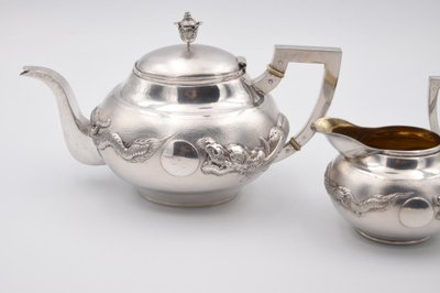 Tea and Coffee Set in Solid Silver, China, Circa 1900, with Dragon Decor