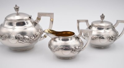 Tea and Coffee Set in Solid Silver, China, Circa 1900, with Dragon Decor