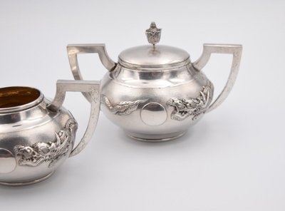Tea and Coffee Set in Solid Silver, China, Circa 1900, with Dragon Decor