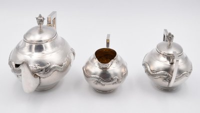 Tea and Coffee Set in Solid Silver, China, Circa 1900, with Dragon Decor