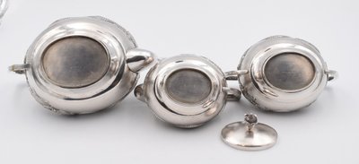 Tea and Coffee Set in Solid Silver, China, Circa 1900, with Dragon Decor