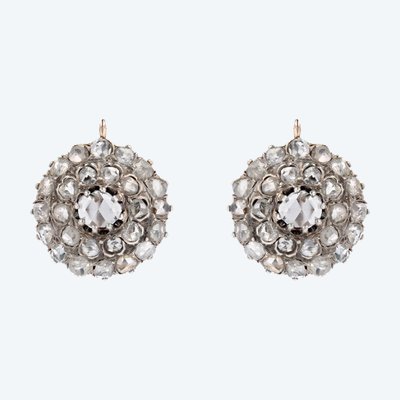 Boucles d'Oreilles Ancienne Diamants Taillés En Rose En Dormeuse