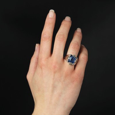 Chevalière Art Déco Saphir De Ceylan Naturel Et Diamants Baguette