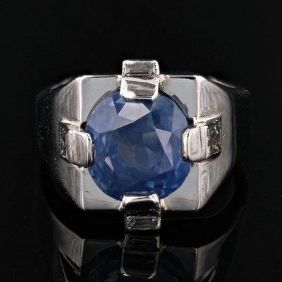 Chevalière Art Déco Saphir De Ceylan Naturel Et Diamants Baguette