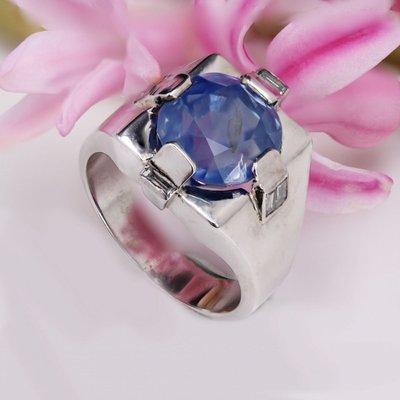 Chevalière Art Déco Saphir De Ceylan Naturel Et Diamants Baguette
