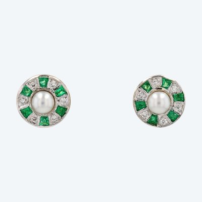 Boucles d'Oreilles Perles Diamants Et émeraudes Calibrées