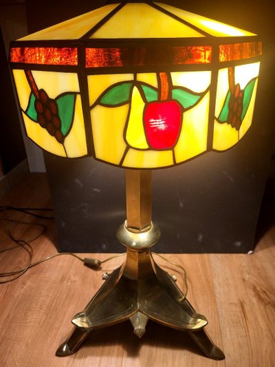 Grande Lampe Vitrail - Bronze Massif - XXème 